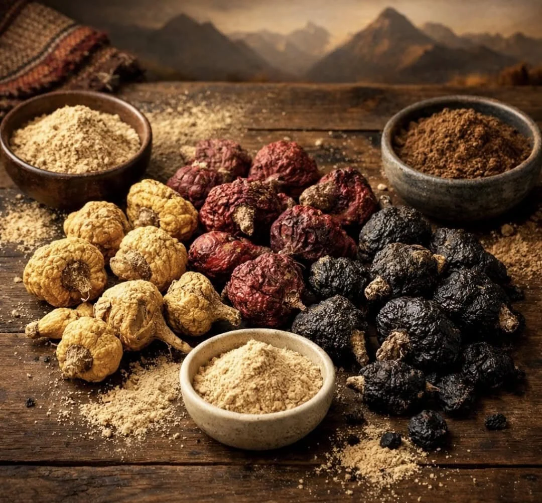 Dried maca root in yellow, red, and black varieties with ground maca powder