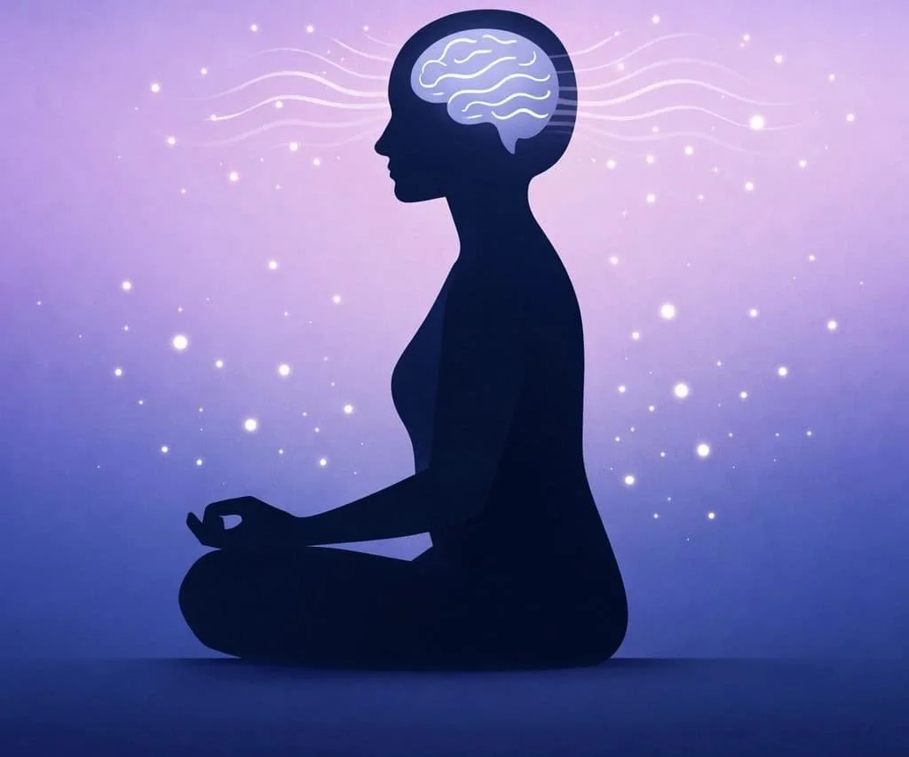 Meditating figure with calm brain waves showing mindfulness for reducing fear response