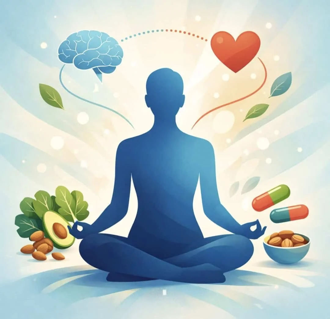 Person meditating surrounded by wellness elements representing holistic diabetes management and mental health
