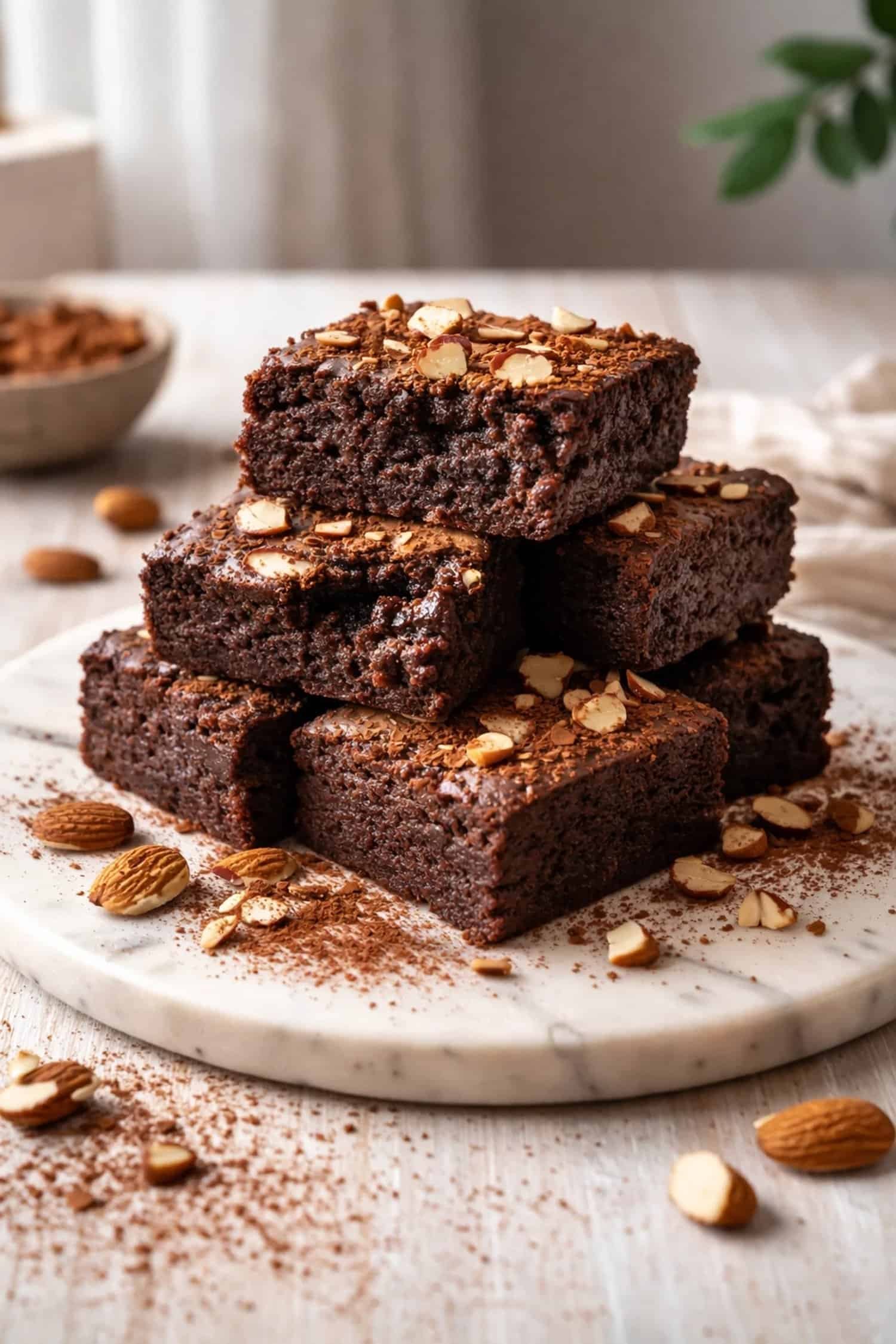 Fudgy almond flour brownies stacked on a plate, a favorite keto dessert recipe in Canada