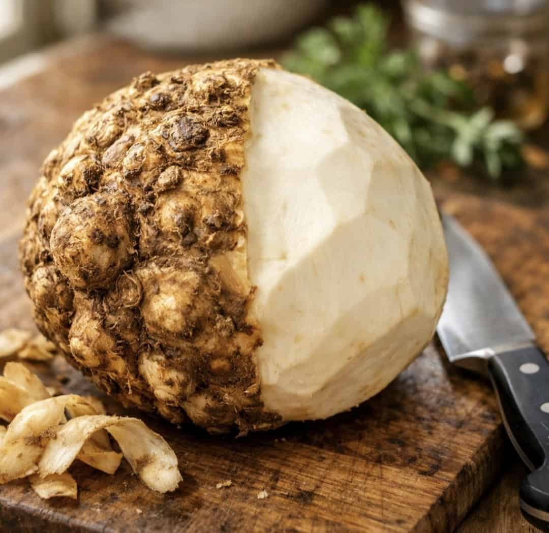 Peeled celeriac root showing creamy white flesh next to knobbly brown exterior on cutting board