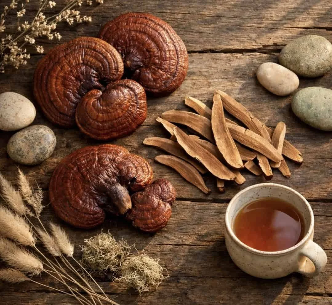 Dried Reishi mushrooms with herbal tea and natural wellness elements on wooden surface