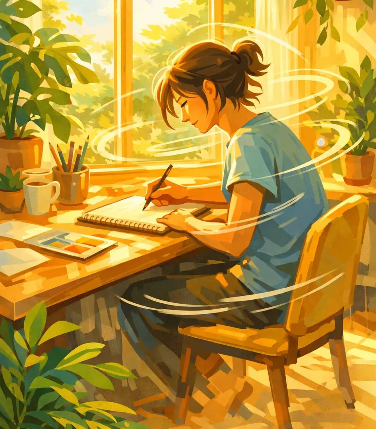 Person in flow state working peacefully at sunlit desk surrounded by plants for mental strength training
