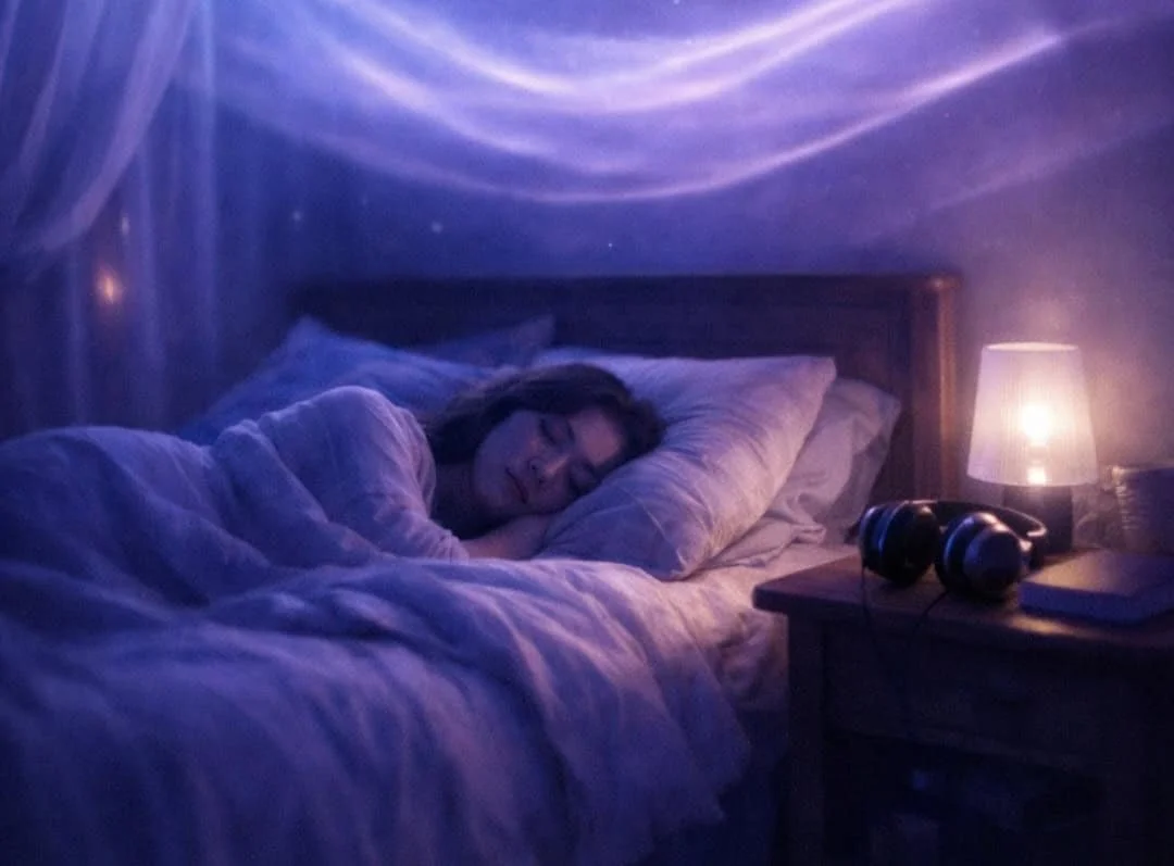 Person experiencing deep restorative sleep using brainwave meditation technology