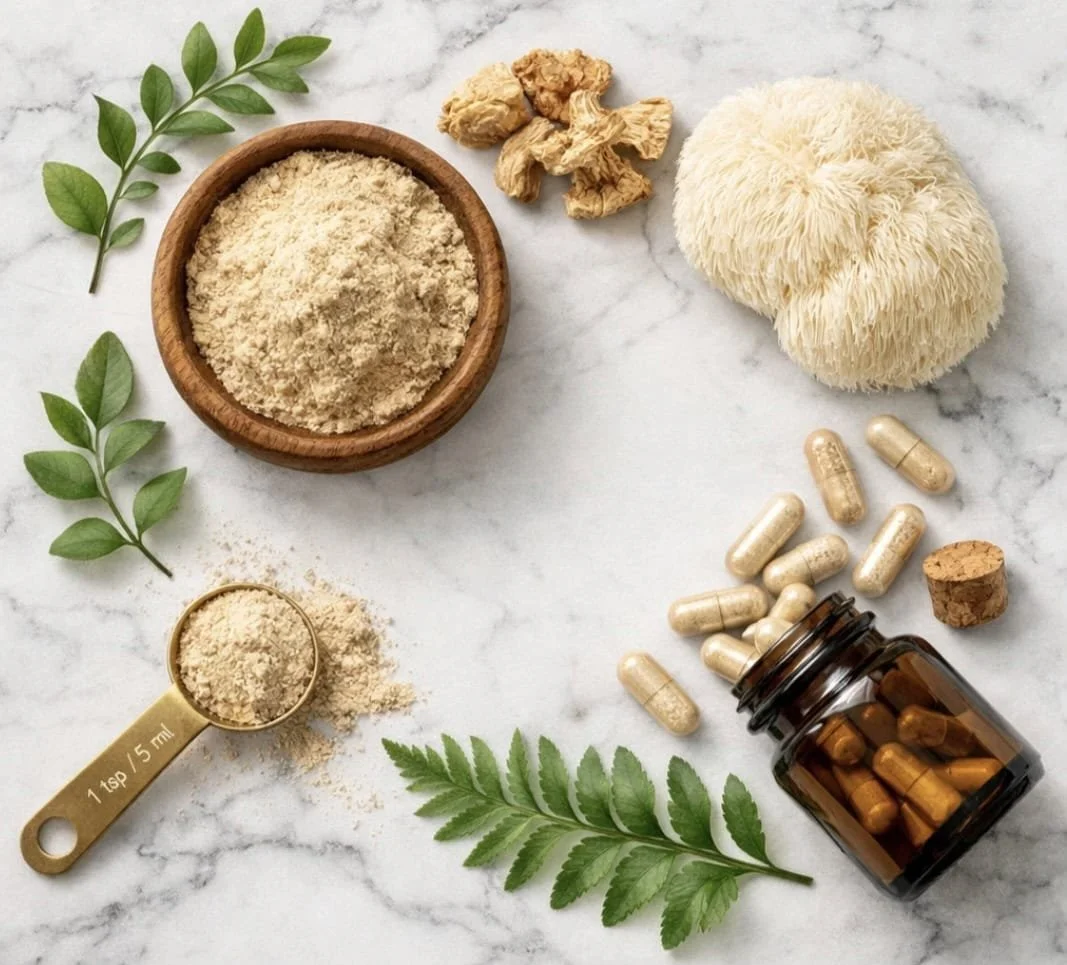 Various Lion's Mane supplement forms including capsules, powder, and dried mushroom pieces