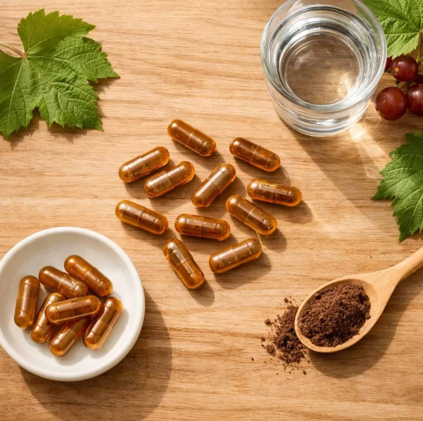 Grapeseed extract supplement capsules with fresh grape leaves for joint health support