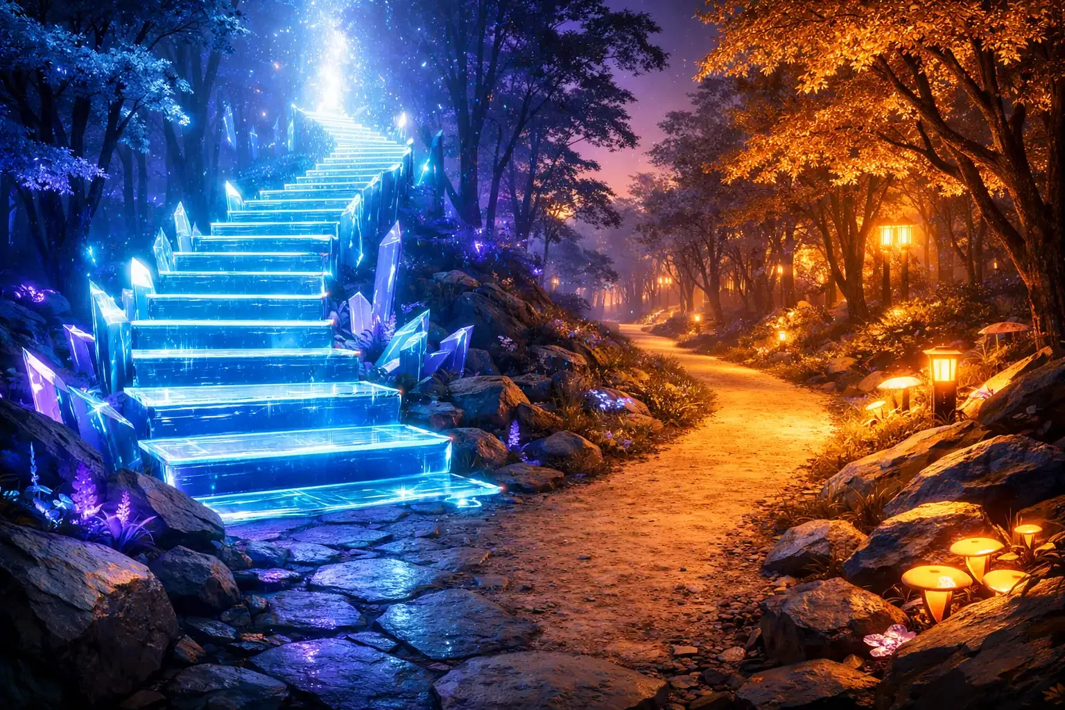 A neon forest path fork representing the mental fortitude required to stop being your own worst enemy.