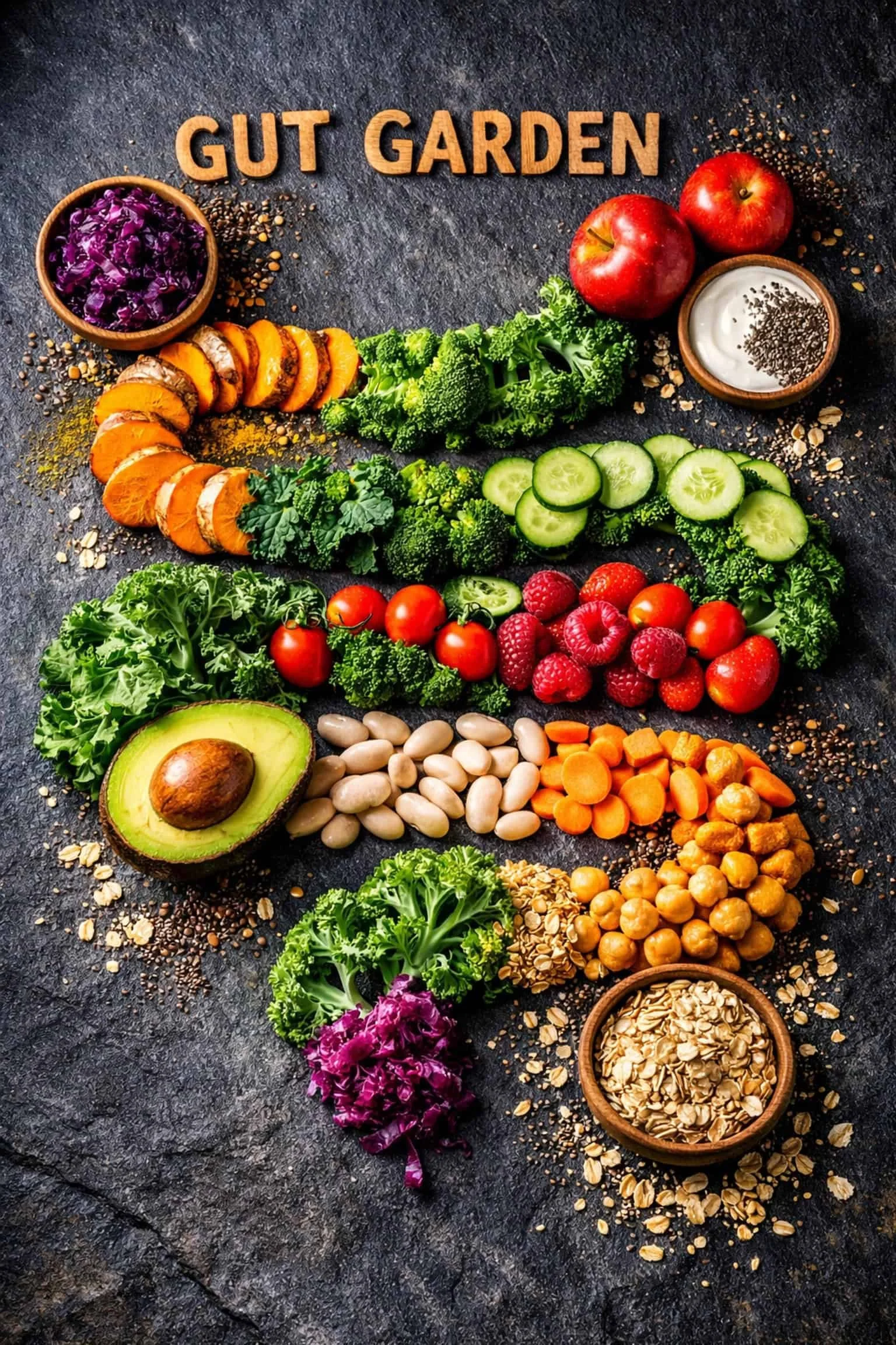 Fiber-rich whole foods like kale and turmeric arranged to represent a healthy gut microbiome.