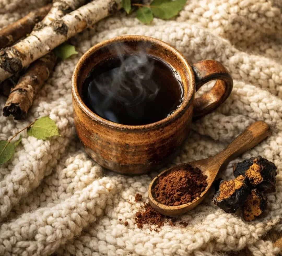 Steaming cup of Chaga mushroom tea with powder and birch branches on cozy blanket