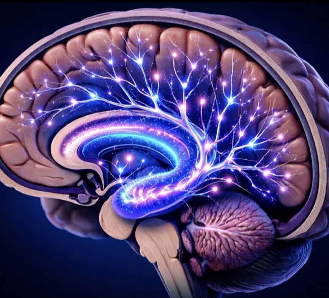 Brain illustration showing neural pathways and synaptic connections enhanced by Bacopa Monnieri