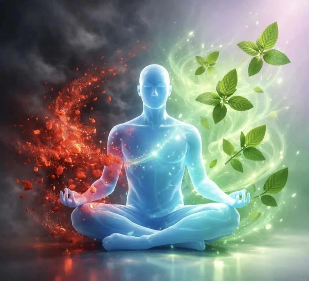 Holy Basil stress relief visualization showing cortisol reduction and calm