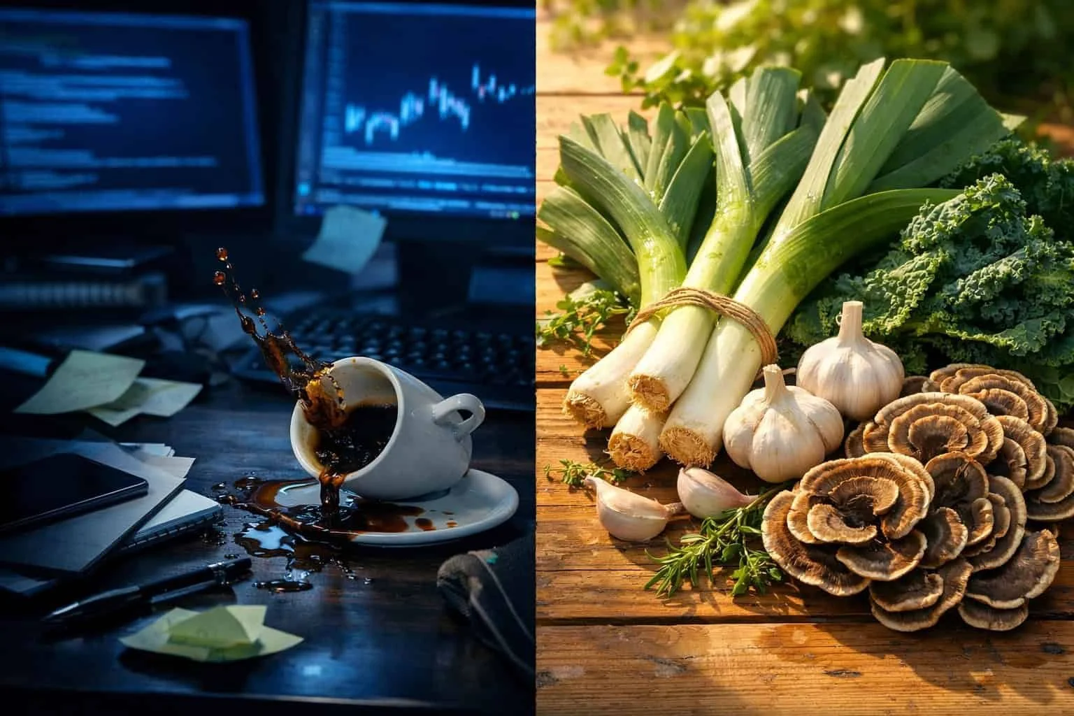 Healthy prebiotic foods and Turkey Tail mushrooms contrasted against high-stress work environments.