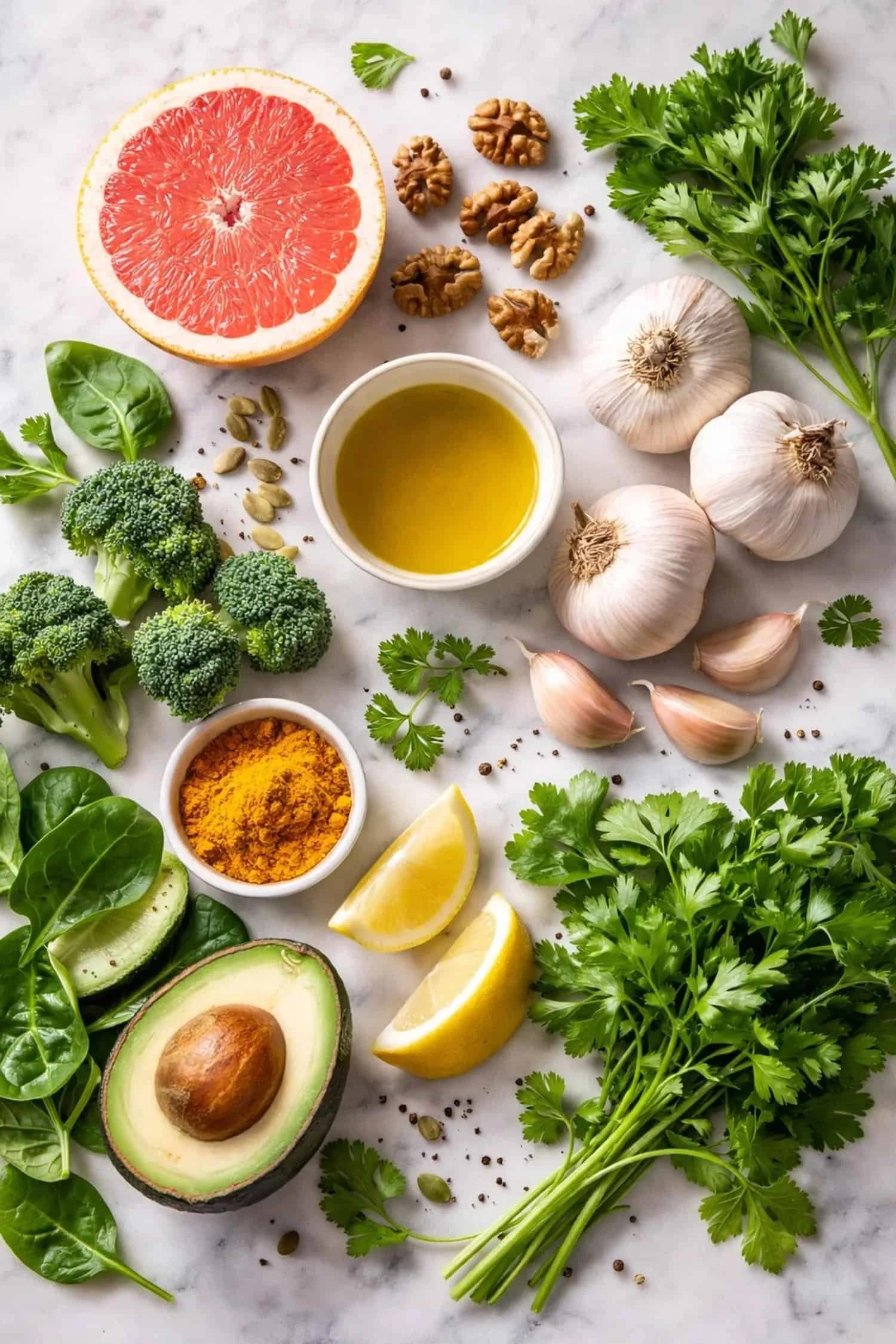 Liver-supporting foods including grapefruit, walnuts, olive oil, and garlic arranged on marble