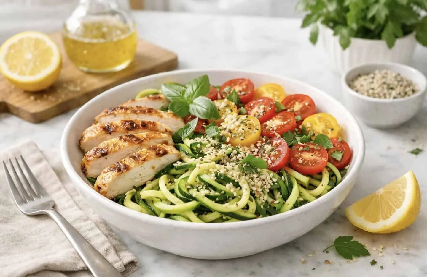 Zucchini noodle salad with lemon vinaigrette, herbs, and grilled chicken