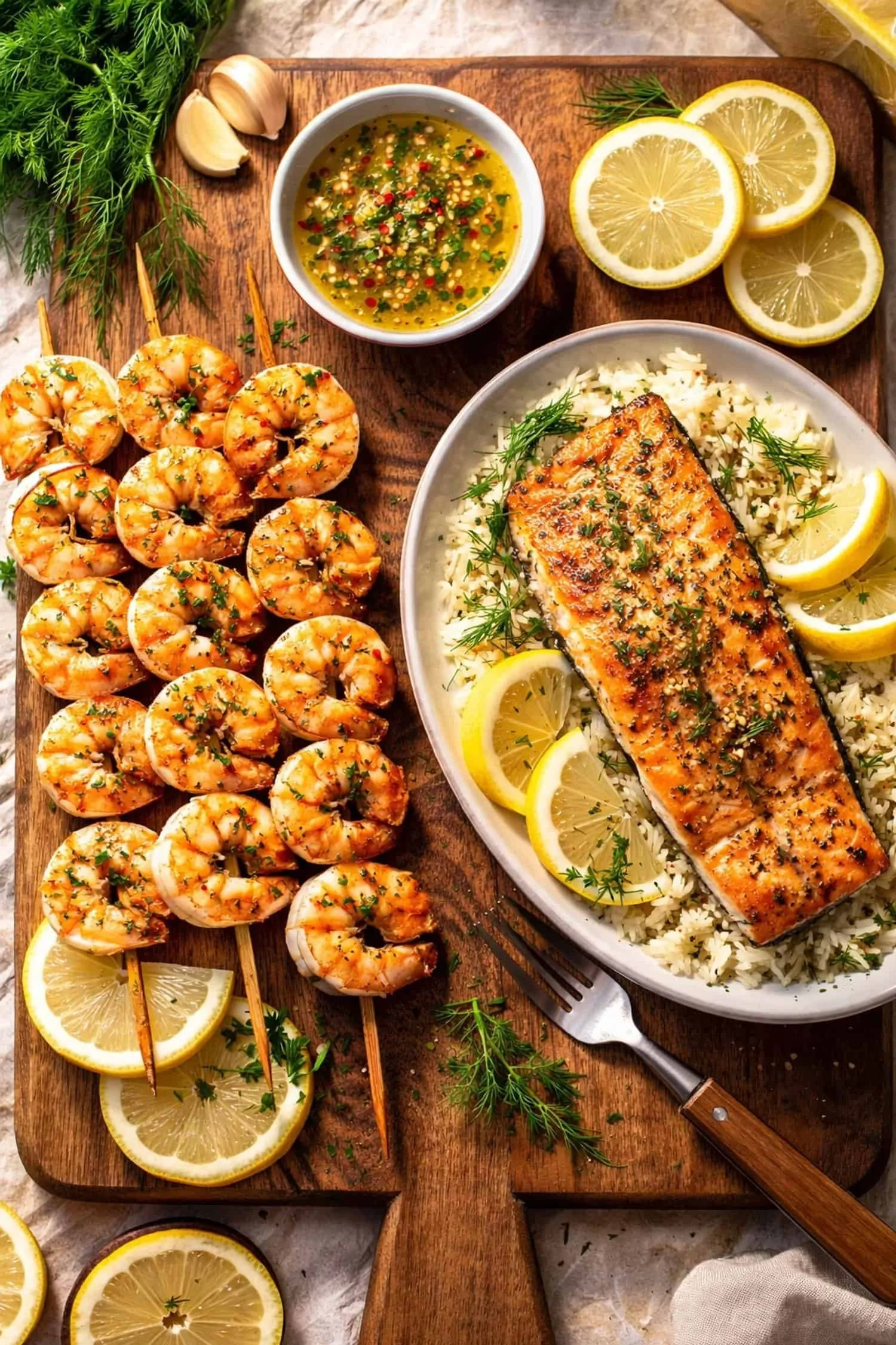 Grilled lemon garlic shrimp skewers and lemon pepper salmon with fresh dill on a rustic board, keto seafood favorites in Canada