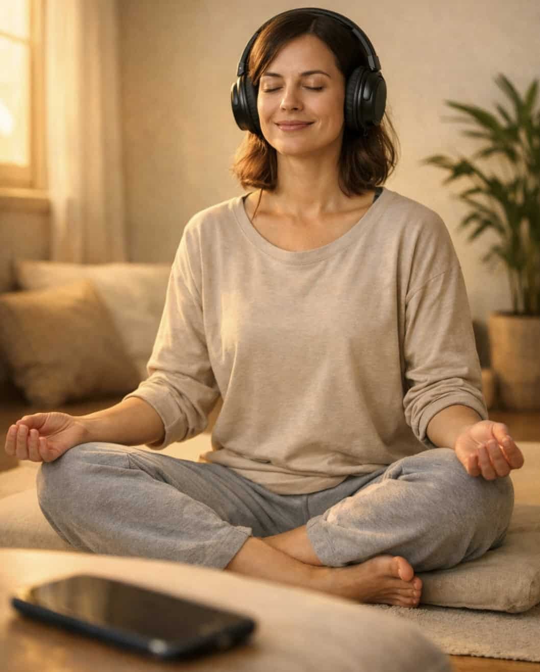 Person practicing brainwave meditation with headphones in peaceful setting