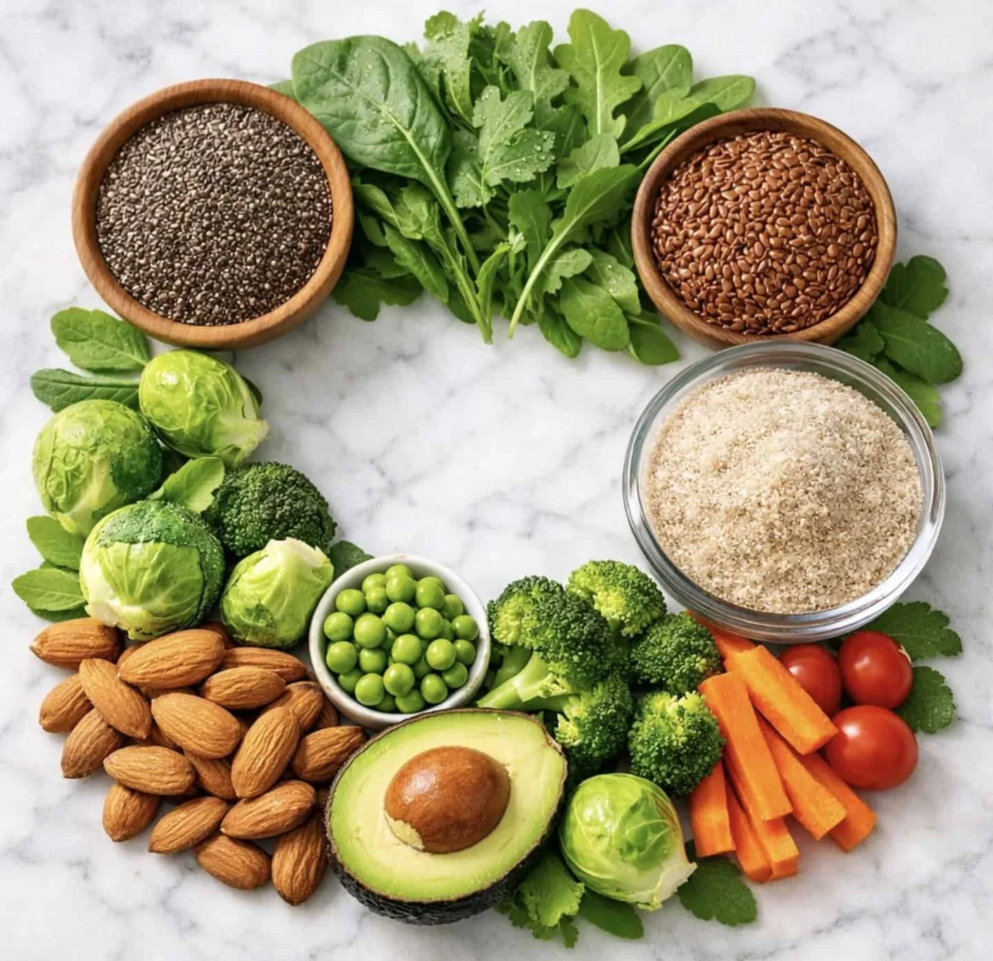 Fiber-rich foods for weight loss including chia seeds, leafy greens, vegetables, and almonds