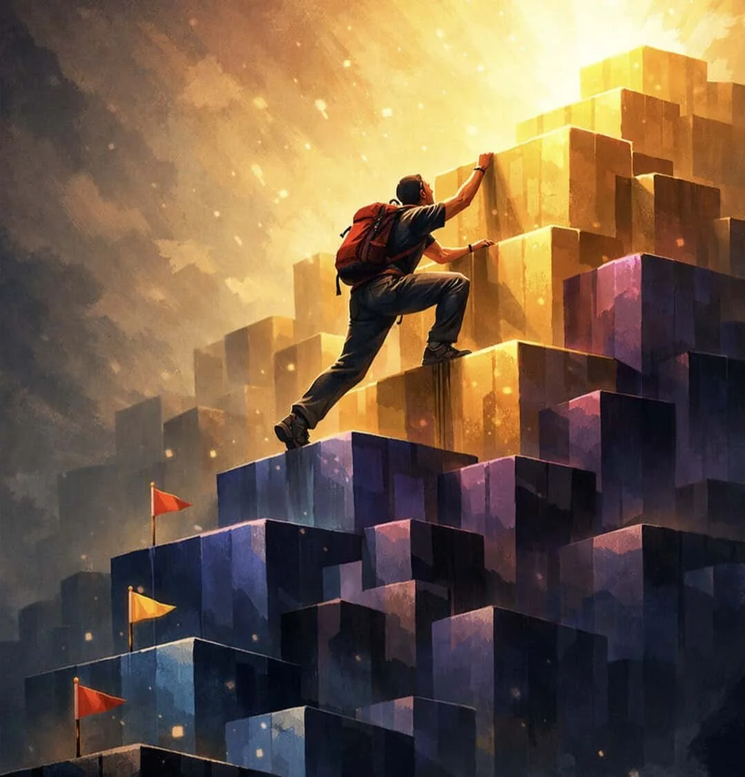 Climber ascending steps representing building courage muscle and achieving life goals gradually