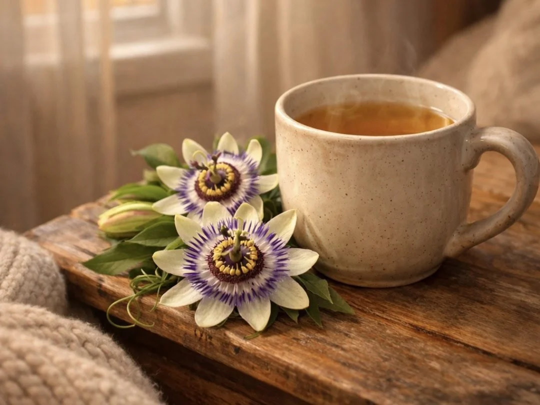 Passionflower herbal tea on bedside table for sleep and relaxation