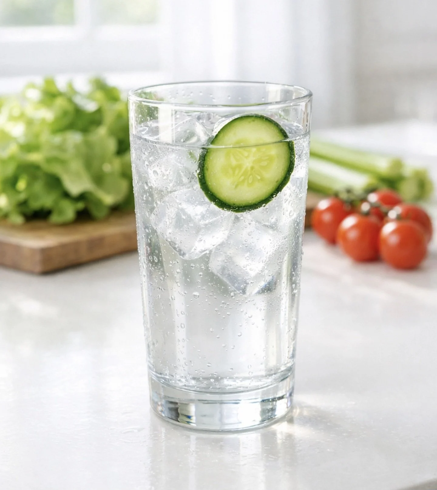 Glass of water with cucumber and fresh vegetables for hydration and appetite control
