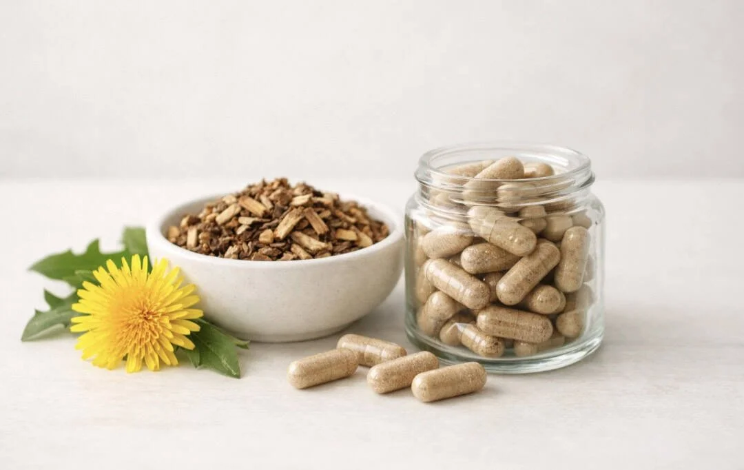 Dandelion root capsules and dried dandelion root supplement on neutral background