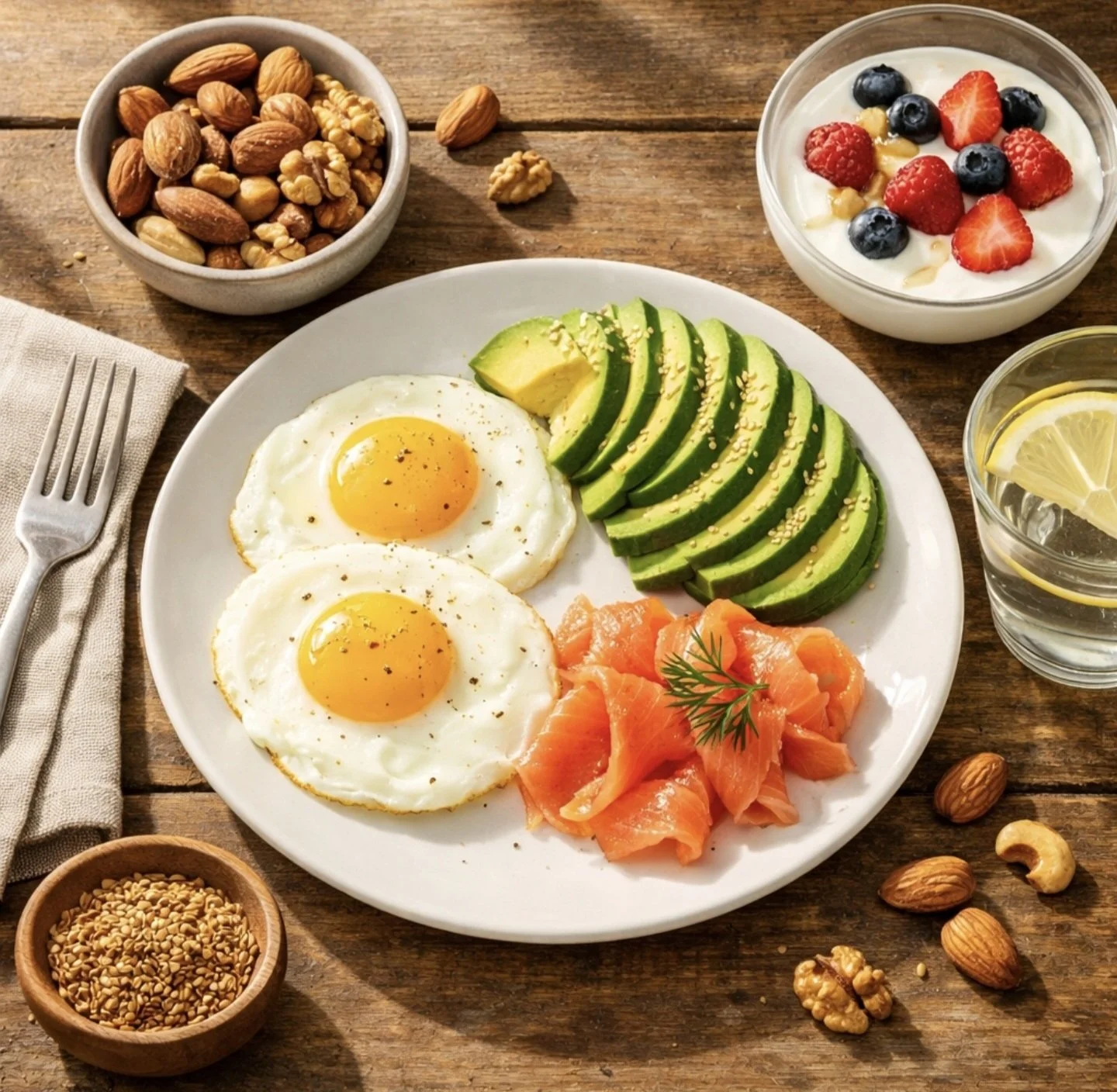 Protein-rich breakfast with eggs, avocado, salmon, and nuts for blood sugar control