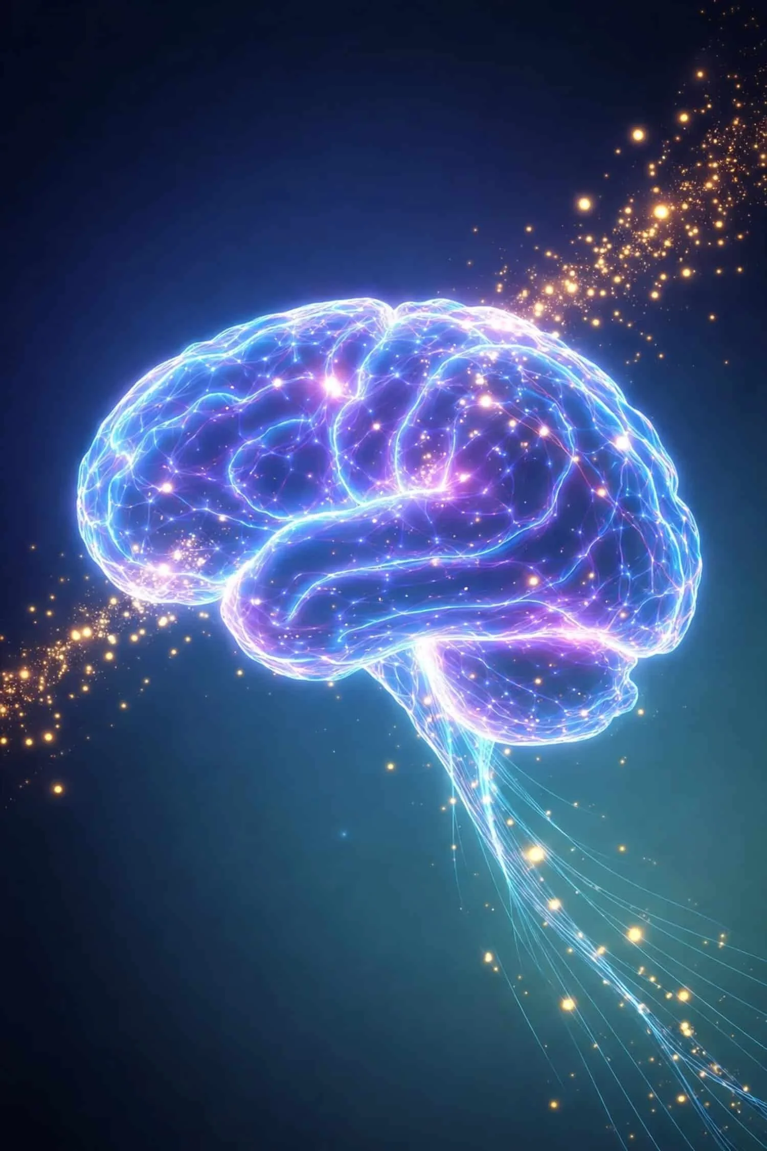 Translucent human brain with vibrant neural pathways illustrating cognitive nourishment and memory enhancement