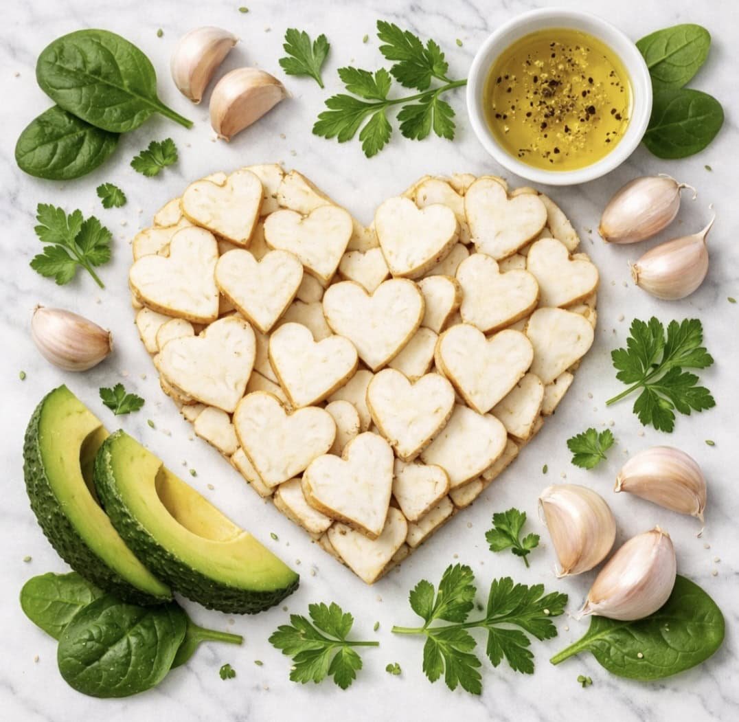 Heart-healthy celeriac slices arranged with olive oil, garlic, and fresh herbs