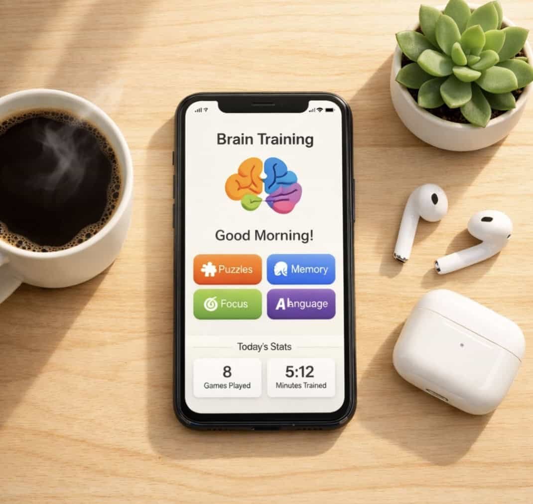 Smartphone displaying brain training app on desk with coffee for daily cognitive practice