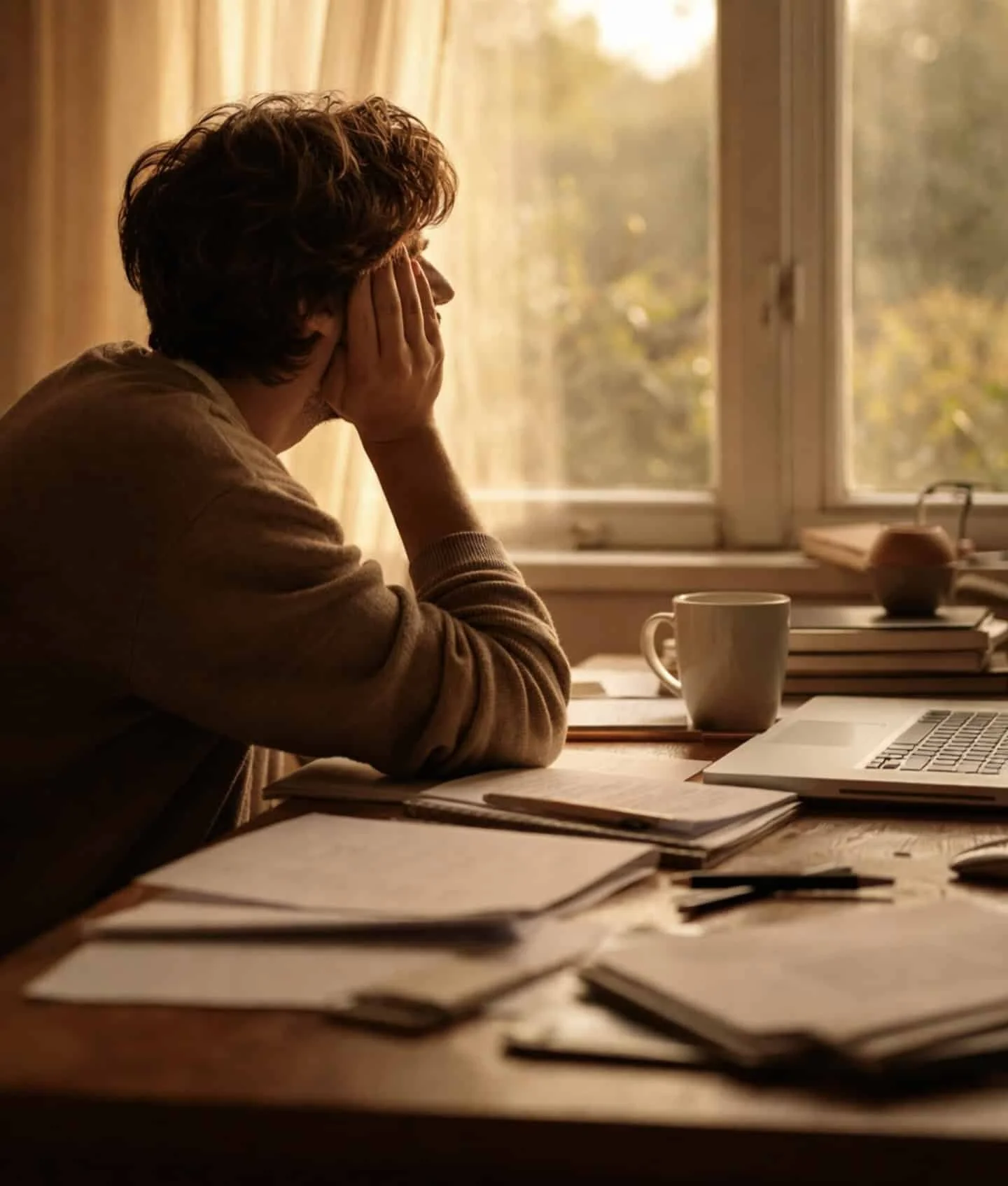 Person sitting at cluttered desk gazing out window, reflecting on procrastination and willpower challenges