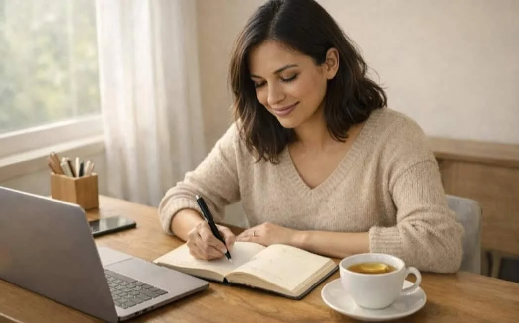 Focused woman working at desk demonstrating improved concentration and mental clarity with Bacopa