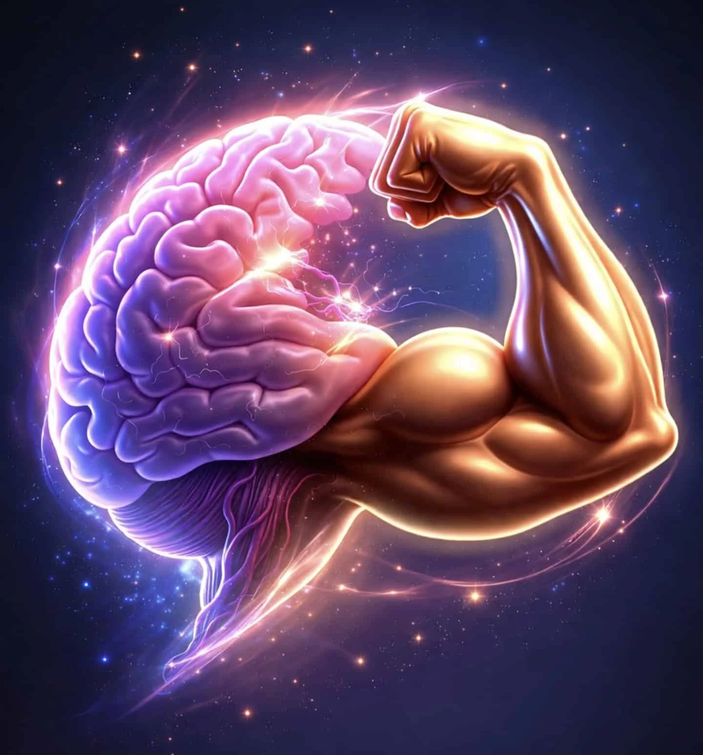Brain transforming into flexing muscle representing willpower as a trainable mental strength