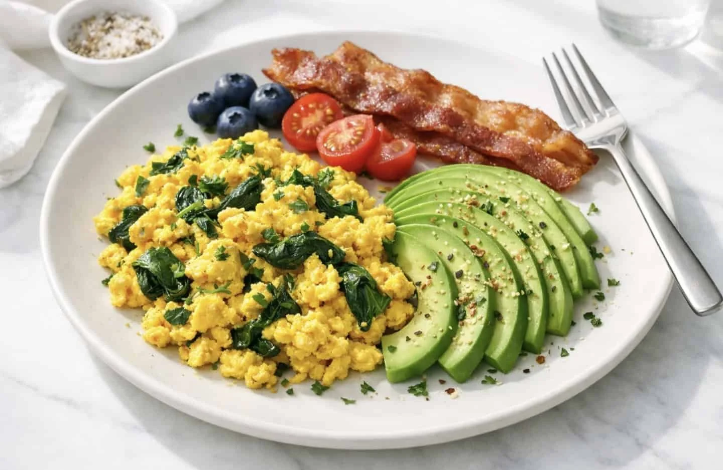 Turmeric scrambled eggs with spinach and avocado on a clean breakfast plate