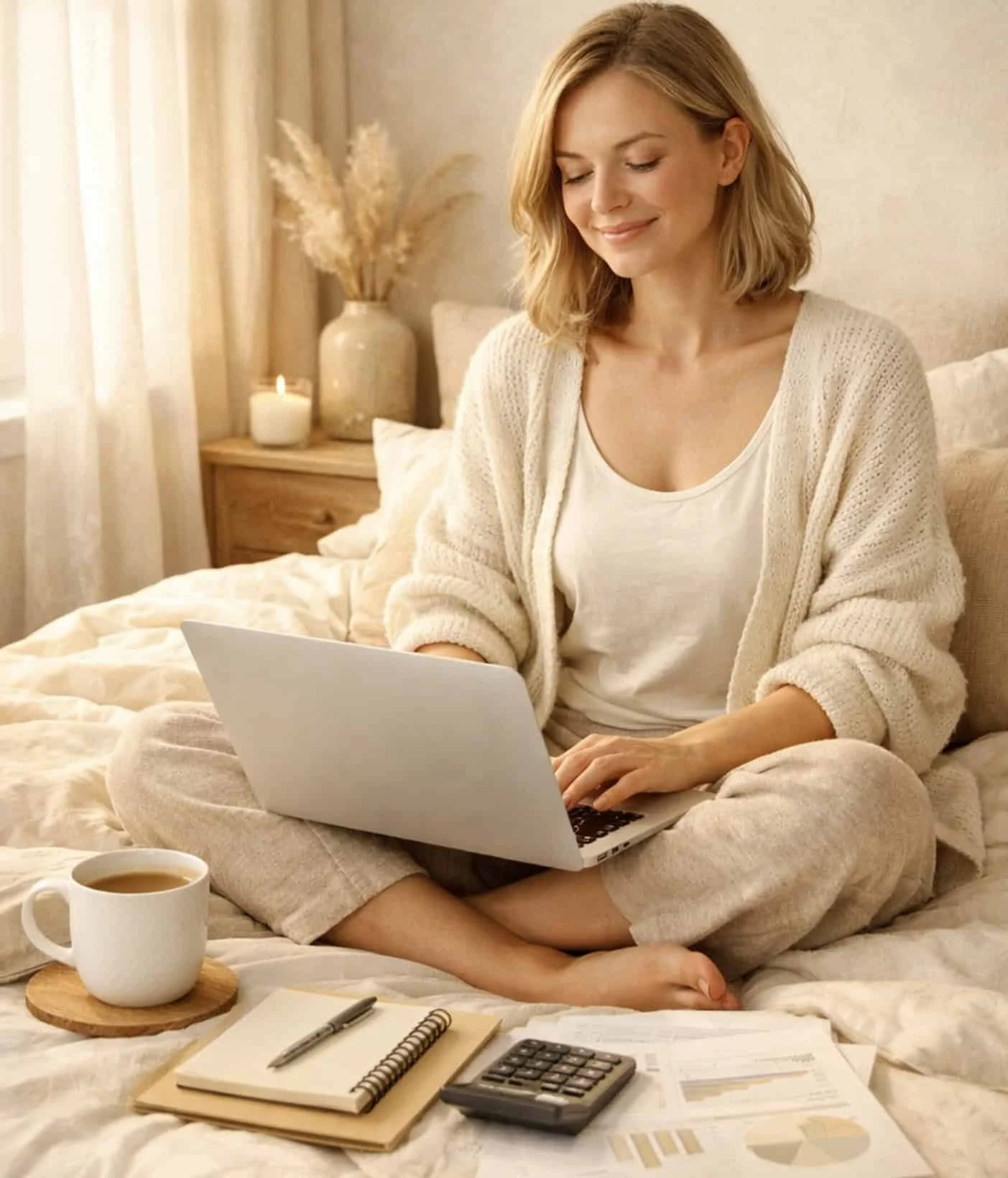 Person relaxing peacefully with laptop and coffee representing financial wellness and reduced stress