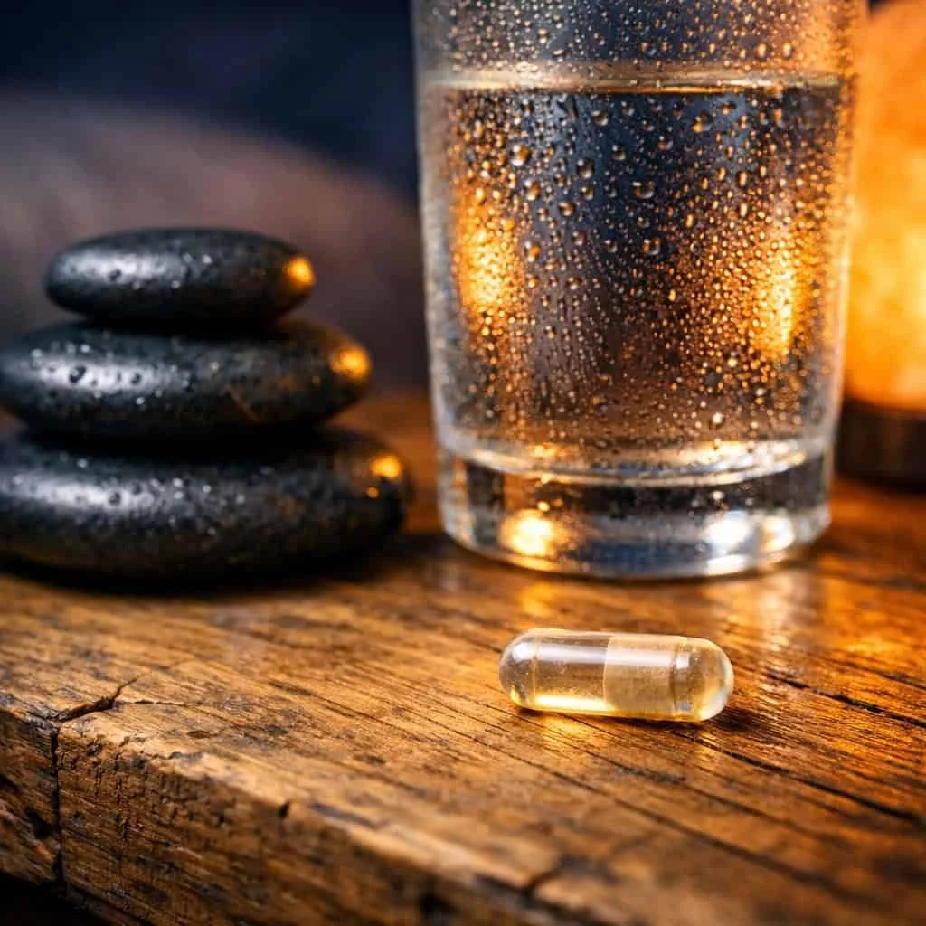 Natural sleep supplement capsule on a nightstand with a calming glass of water for nighttime rest.