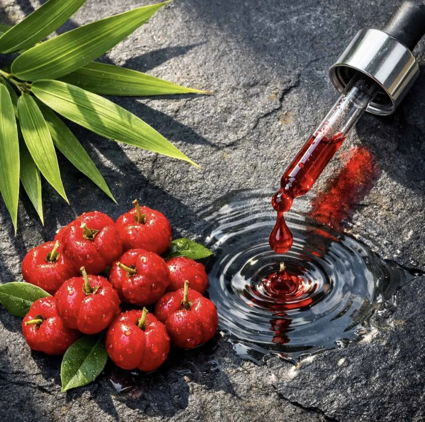 Natural skin supplements including acerola cherries and bamboo to improve skin texture.