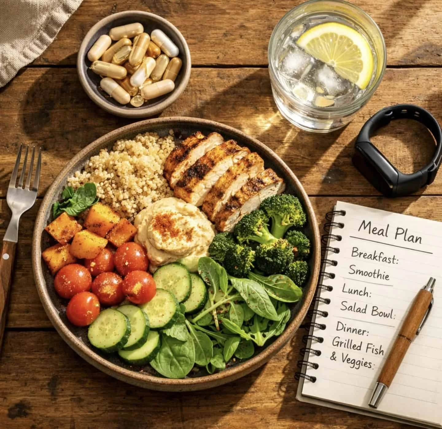 Healthy Mediterranean bowl with natural supplements and meal planning notebook for sustainable weight loss