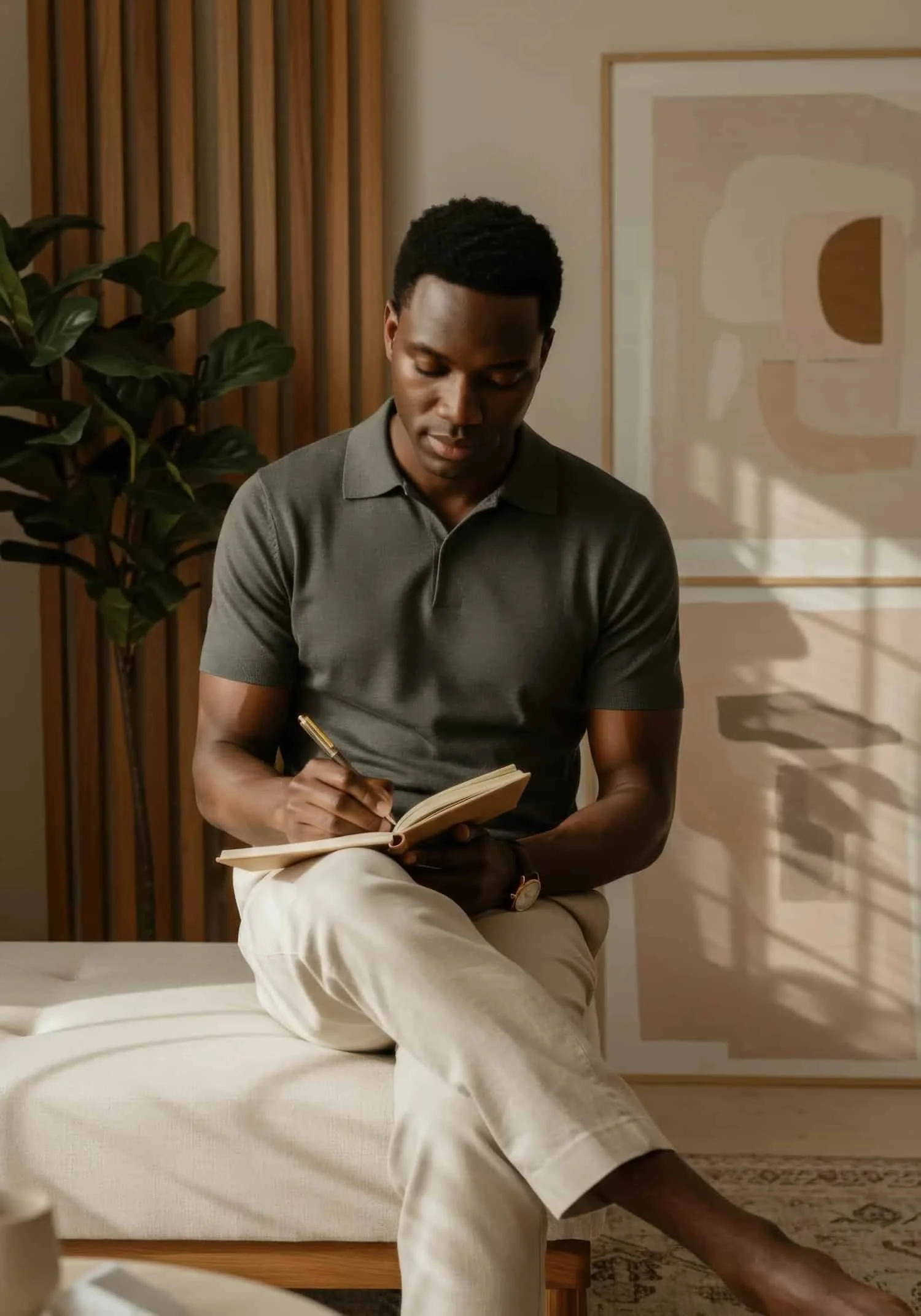 A young man in a grey polo shirt and light-colored pants sitting on a bed, writing in a notebook with a pen. The room has wooden accents, abstract wall art, a large plant, and natural lighting.