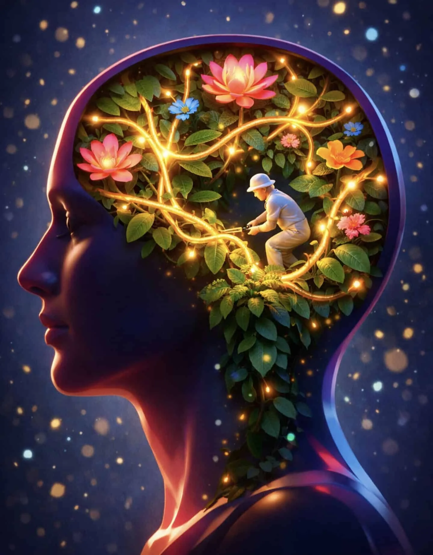 A human silhouette with a glowing garden inside, representing neuroplasticity and mental strength training.