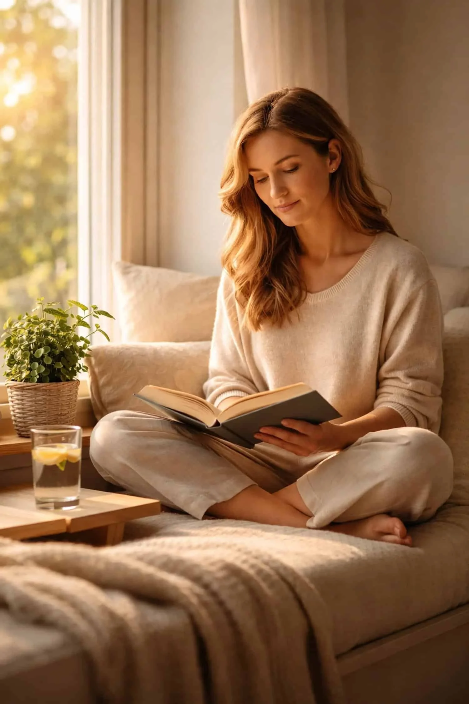 Woman reading by the window, representing calm, mental clarity, and wellness from cognitive support supplements