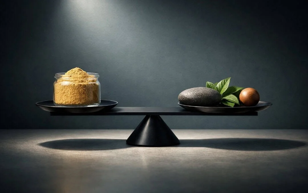 Balance scale with maca powder showing adaptogenic balance and wellness support