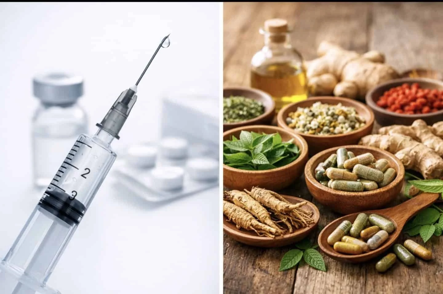 Comparison of GLP-1 injection and natural herbal weight loss supplements on contrasting backgrounds