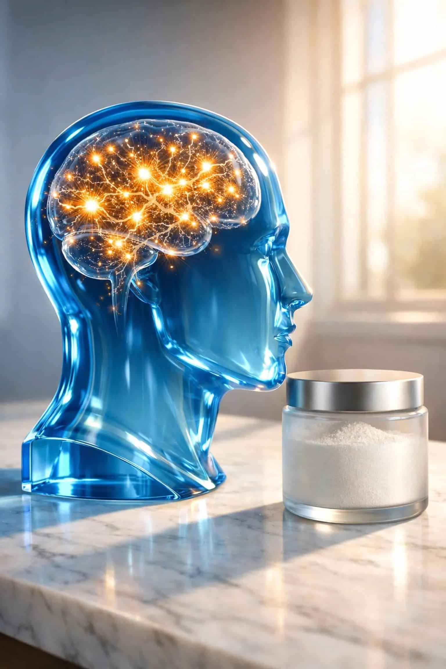 Creatine supplement jar next to a glowing brain silhouette representing mental clarity and energy.