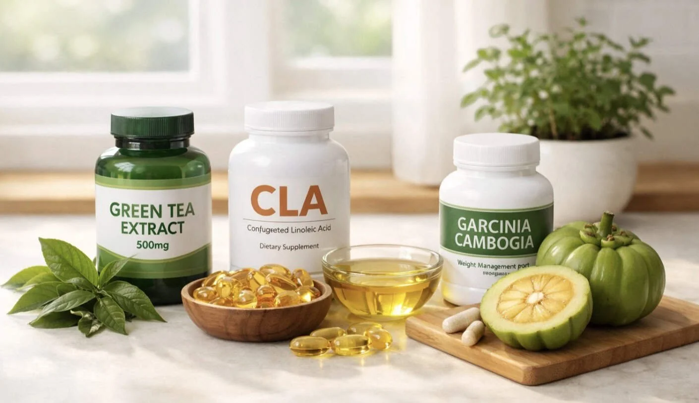 Natural weight loss supplements with fresh plant ingredients including green tea and garcinia cambogia