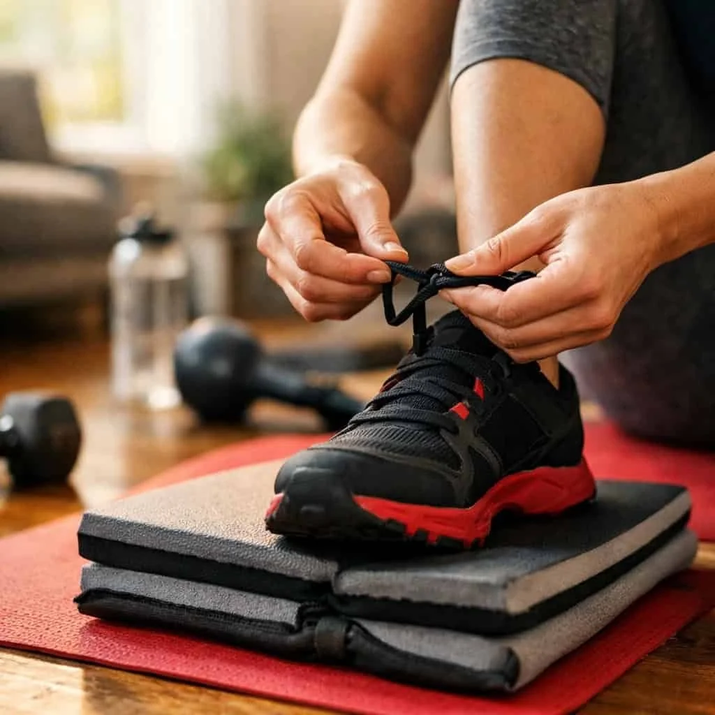 Person adjusting fitness approach in home gym demonstrating mental fortitude and strategy modification