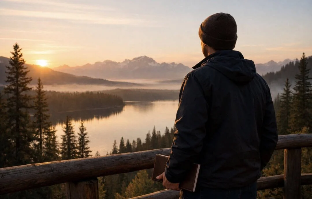Person at sunrise overlooking a Canadian landscape with a notebook, representing long-term goals and discipline