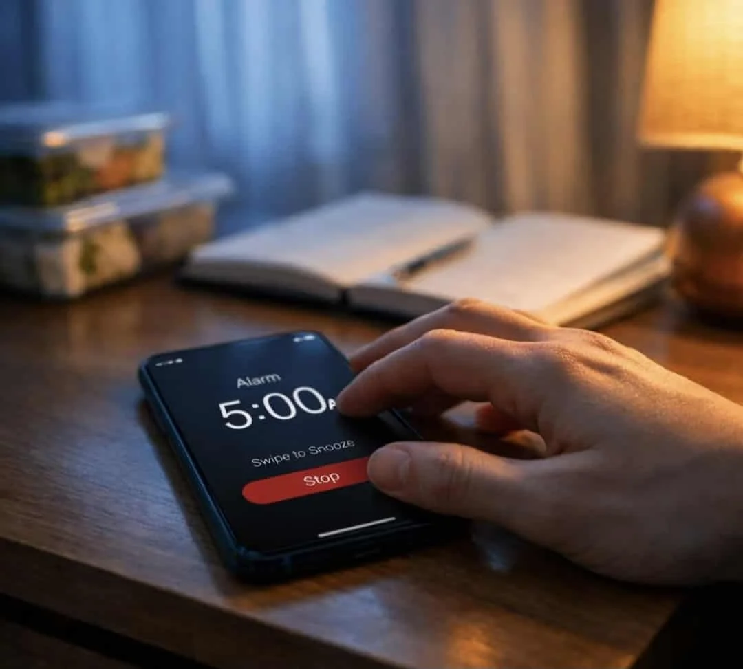 Early morning alarm at 5 AM with meal prep showing motivation vs discipline decision