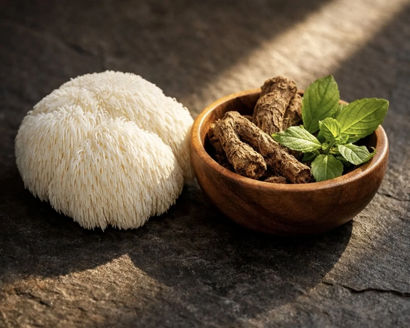 Natural cognitive supplements including Lion's Mane mushroom and Rhodiola root for mental focus and stress relief.