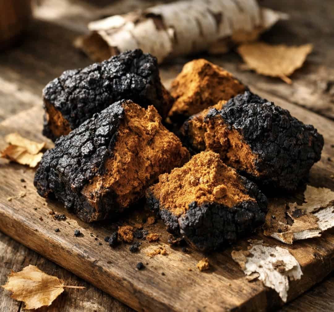 Raw Chaga mushroom chunks showing black exterior and golden interior with birch bark pieces