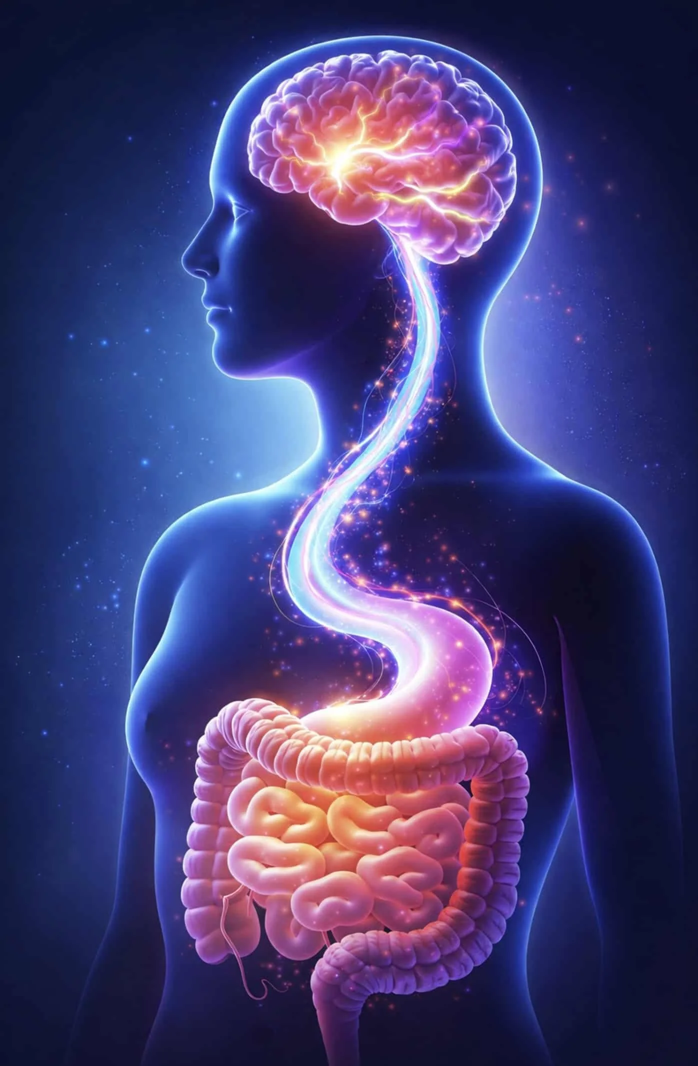 Illustration of the gut-brain axis showing neural pathways connecting digestive health to mental clarity